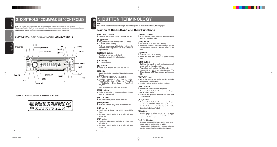 Controls, Button terminology, Names of the buttons and their functions | Controls / commandes / controles, Français english español 4, English | Clarion DB355MP User Manual | Page 2 / 17