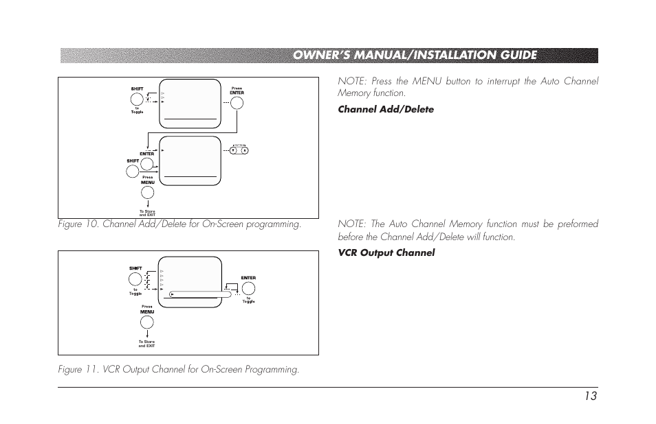 Owner’s manual/installation guide 13, Channel add/delete, Vcr output channel | Clarion VDH910 User Manual | Page 15 / 24