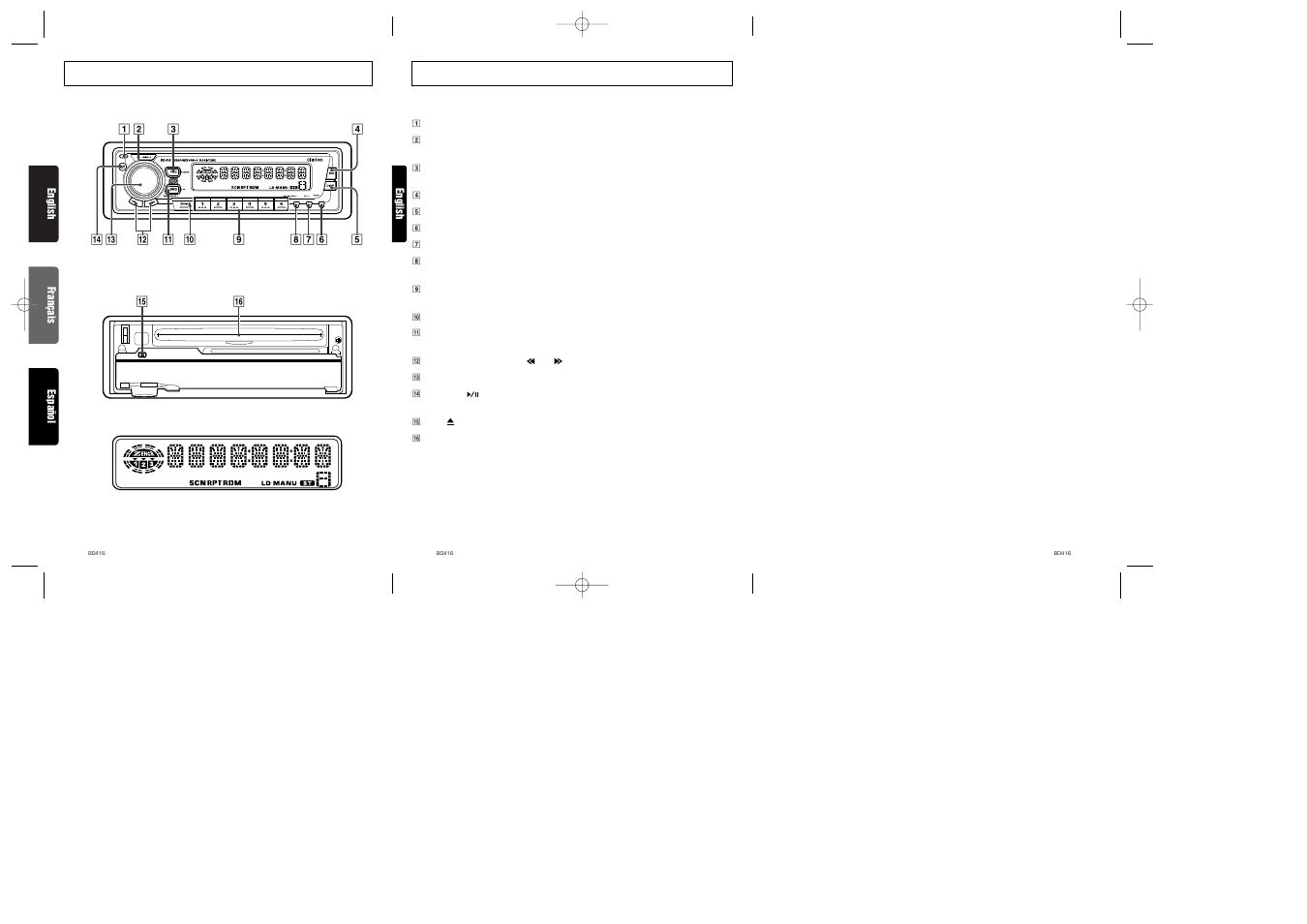 Controls / les commandes / controles, Button terminology, English | Clarion BD416 User Manual | Page 2 / 14