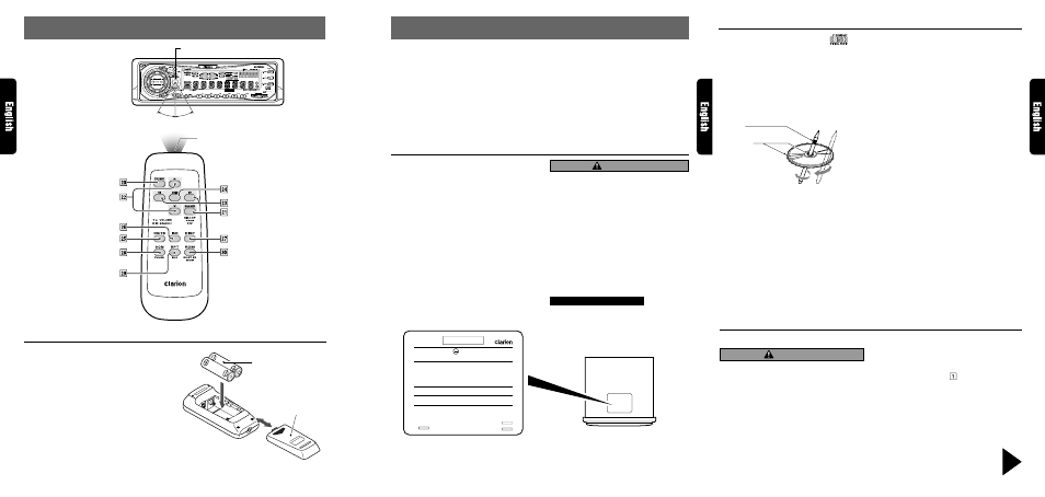 Precautions, Remote control, Handling compact discs | Flip down panel, Inserting the batteries, Remote control unit, Caution, Handling, Storage, Cleaning | Clarion DRX6575z User Manual | Page 3 / 20