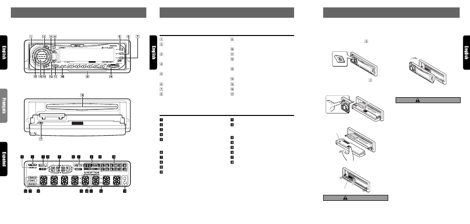 Nomenclature, Controls / les commandes / controles, Names of buttons | Display items, Caution, Source unit / appareil pilote / unidad fuente, Attaching the dcp, Removing the dcp | Clarion DRX6575z User Manual | Page 4 / 20
