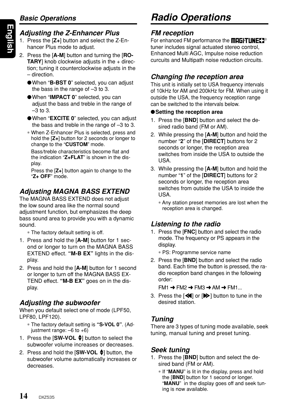 Radio operations, English, Fm reception | Changing the reception area, Listening to the radio, Tuning, Seek tuning, Basic operations adjusting the z-enhancer plus, Adjusting magna bass extend, Adjusting the subwoofer | Clarion DXZ535 User Manual | Page 10 / 80