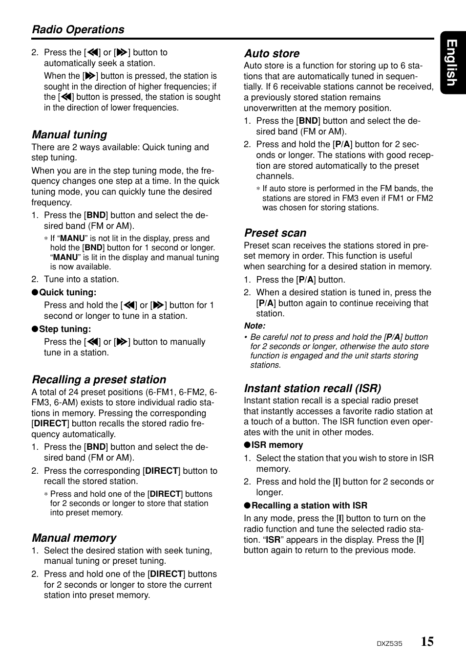 15 english, Radio operations, Manual tuning | Recalling a preset station, Auto store, Preset scan, Instant station recall (isr) | Clarion DXZ535 User Manual | Page 11 / 80