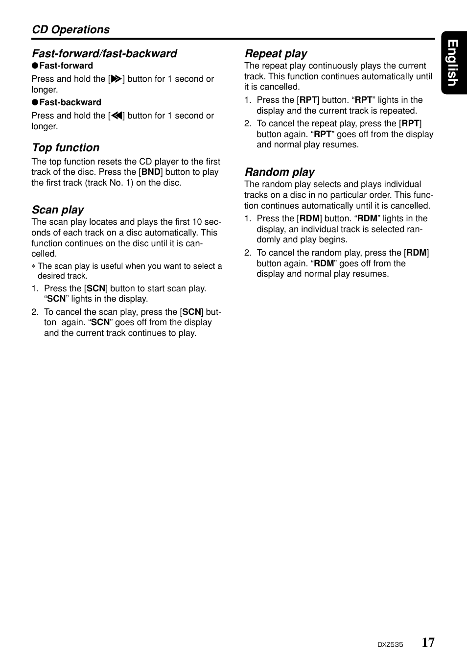 17 english, Cd operations fast-forward/fast-backward, Top function | Scan play, Repeat play, Random play | Clarion DXZ535 User Manual | Page 13 / 80