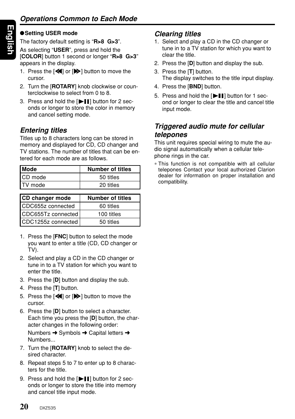 English, Operations common to each mode, Entering titles | Clearing titles, Triggered audio mute for cellular telepones | Clarion DXZ535 User Manual | Page 16 / 80