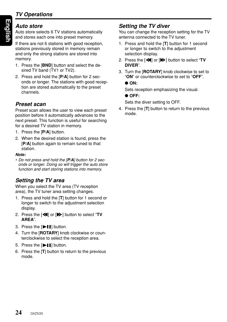 English, Auto store, Preset scan | Setting the tv area, Tv operations setting the tv diver | Clarion DXZ535 User Manual | Page 20 / 80
