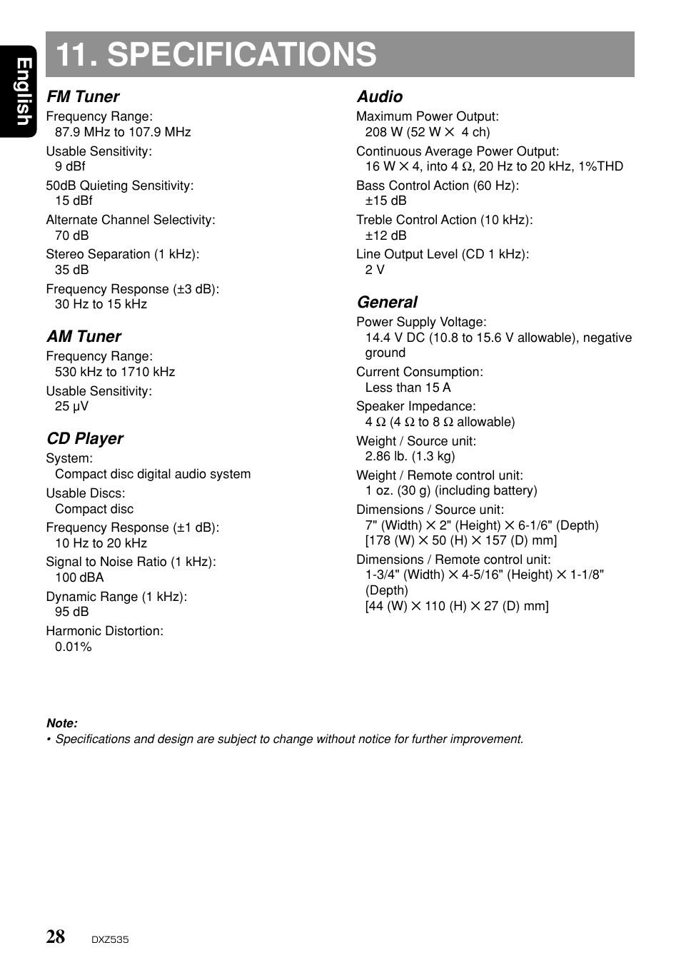 Specifications, English, Fm tuner | Am tuner, Cd player, Audio, General | Clarion DXZ535 User Manual | Page 24 / 80