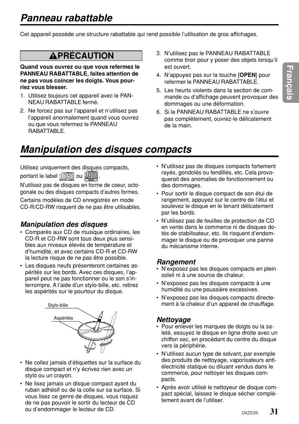 Manipulation des disques compacts, Panneau rabattable, 31 fran ç ais | Précaution, Manipulation des disques, Rangement, Nettoyage | Clarion DXZ535 User Manual | Page 27 / 80