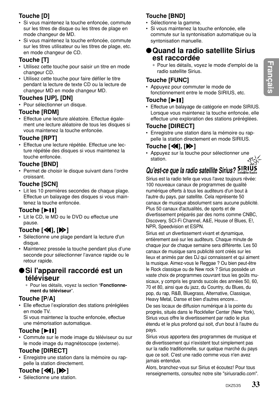 33 fran ç ais, Qu'est-ce que la radio satellite sirius, Quand la radio satellite sirius est raccordée | Si l'appareil raccordé est un téléviseur | Clarion DXZ535 User Manual | Page 29 / 80