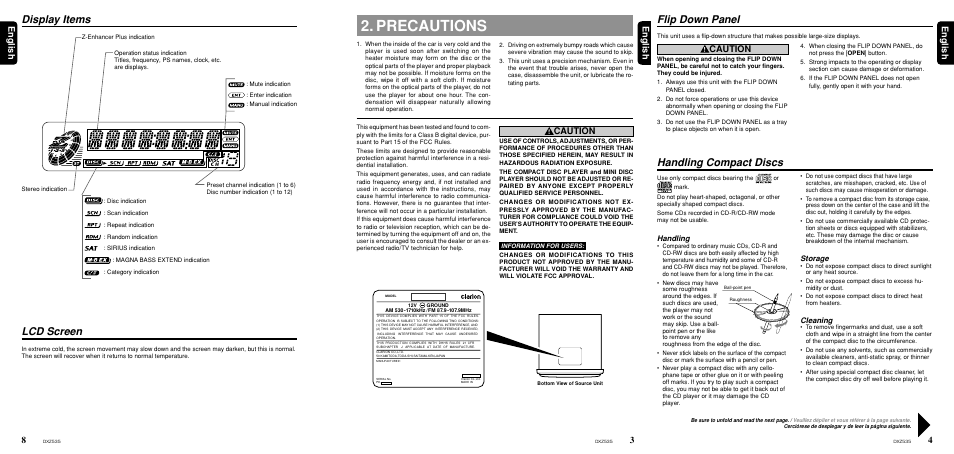 Precautions, Handling compact discs, Flip down panel | Lcd screen, Display items, 4english english english, Caution, Handling, Storage, Cleaning | Clarion DXZ535 User Manual | Page 3 / 80