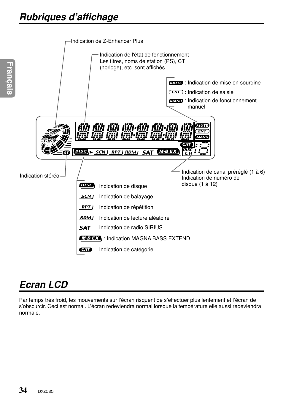 Ecran lcd, Rubriques d’affichage, Fran ç ais | Clarion DXZ535 User Manual | Page 30 / 80
