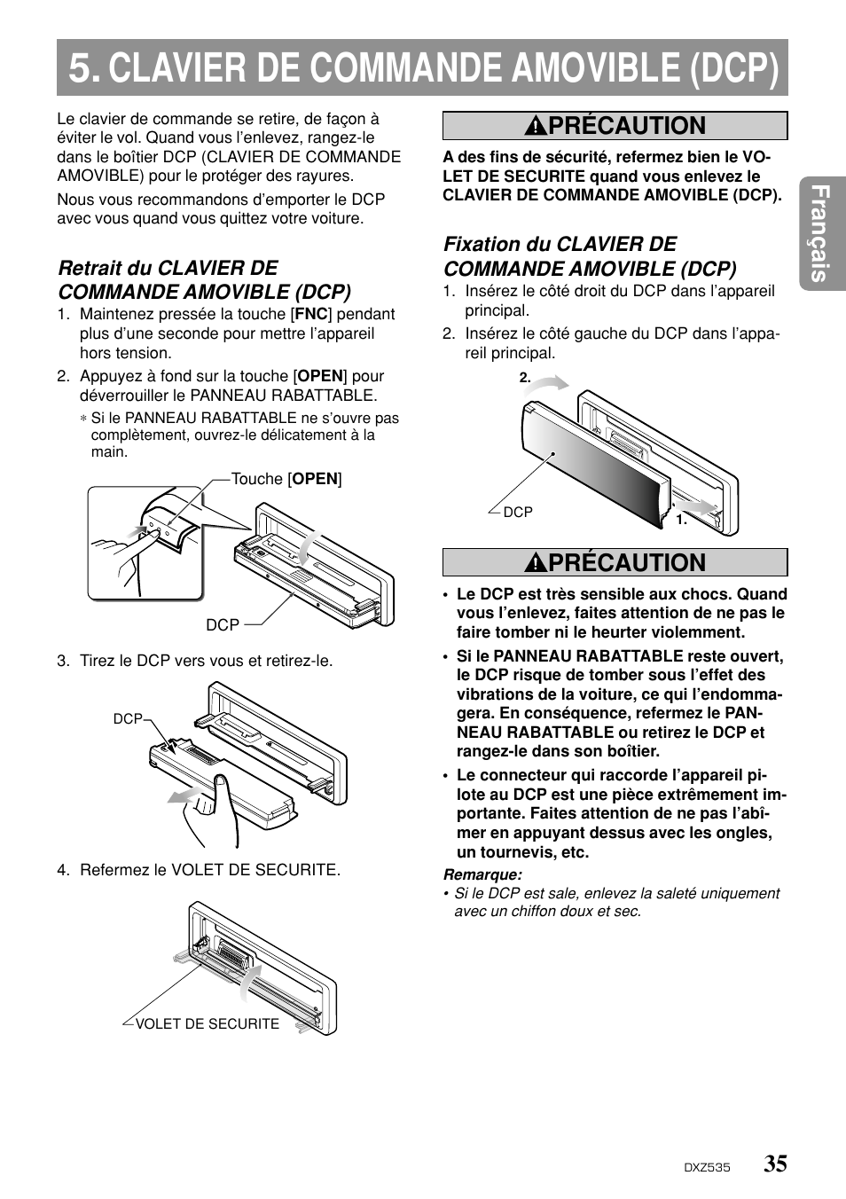 Clavier de commande amovible (dcp), 35 fran ç ais, Précaution | Clarion DXZ535 User Manual | Page 31 / 80