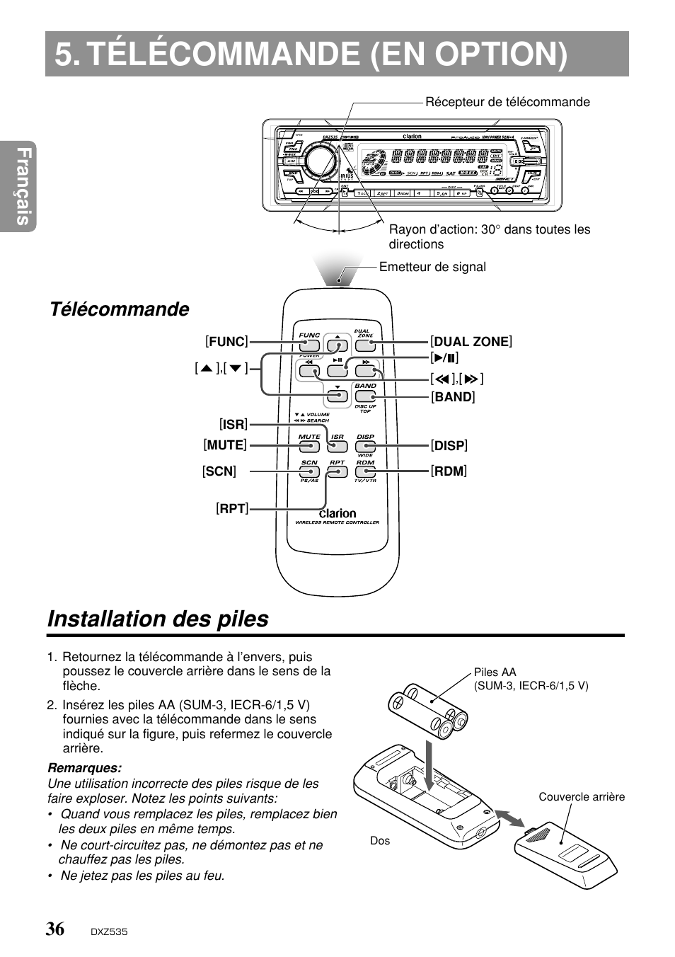 Télécommande (en option), Installation des piles, Fran ç ais | Télécommande | Clarion DXZ535 User Manual | Page 32 / 80
