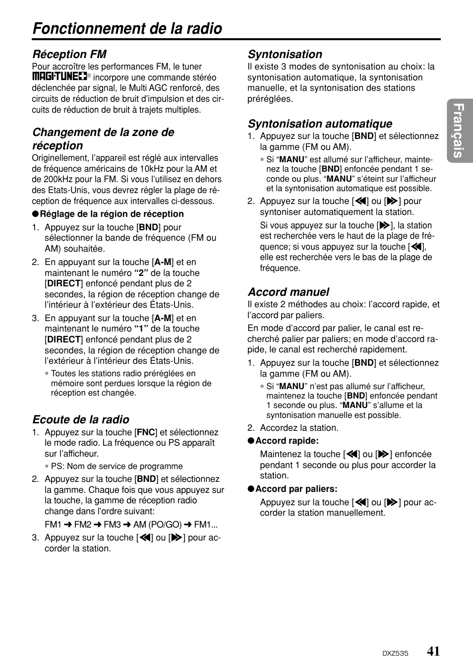 Fonctionnement de la radio, 41 fran ç ais, Réception fm | Changement de la zone de réception, Ecoute de la radio, Syntonisation, Syntonisation automatique, Accord manuel | Clarion DXZ535 User Manual | Page 37 / 80