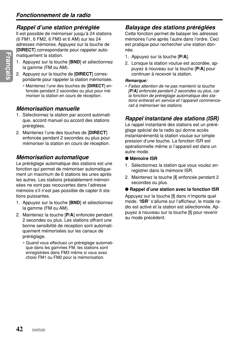 Fran ç ais, Rappel d’une station préréglée, Mémorisation manuelle | Mémorisation automatique, Rappel instantané des stations (isr) | Clarion DXZ535 User Manual | Page 38 / 80