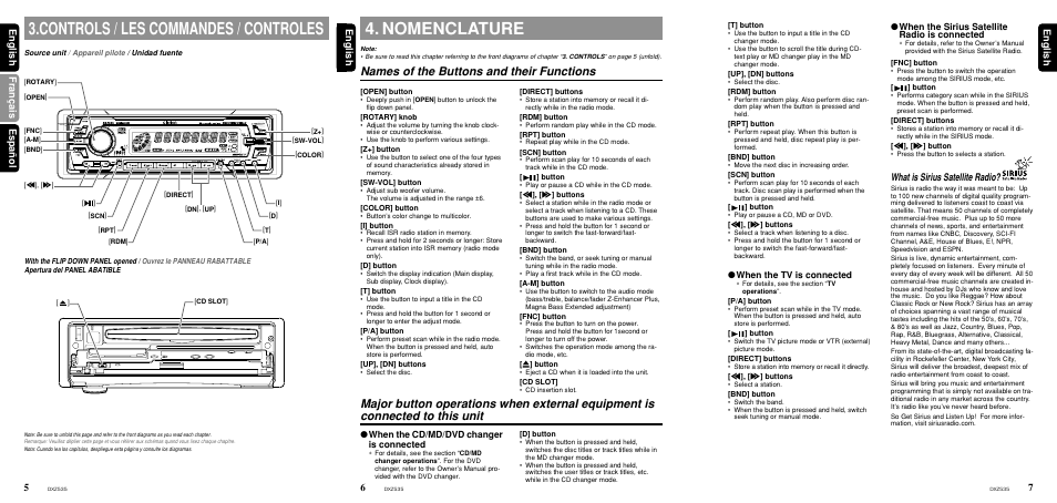 Nomenclature, Controls / les commandes / controles, Names of the buttons and their functions | English, English fran ç ais espa ñ ol english, What is sirius satellite radio, When the tv is connected, When the sirius satellite radio is connected, When the cd/md/dvd changer is connected | Clarion DXZ535 User Manual | Page 4 / 80