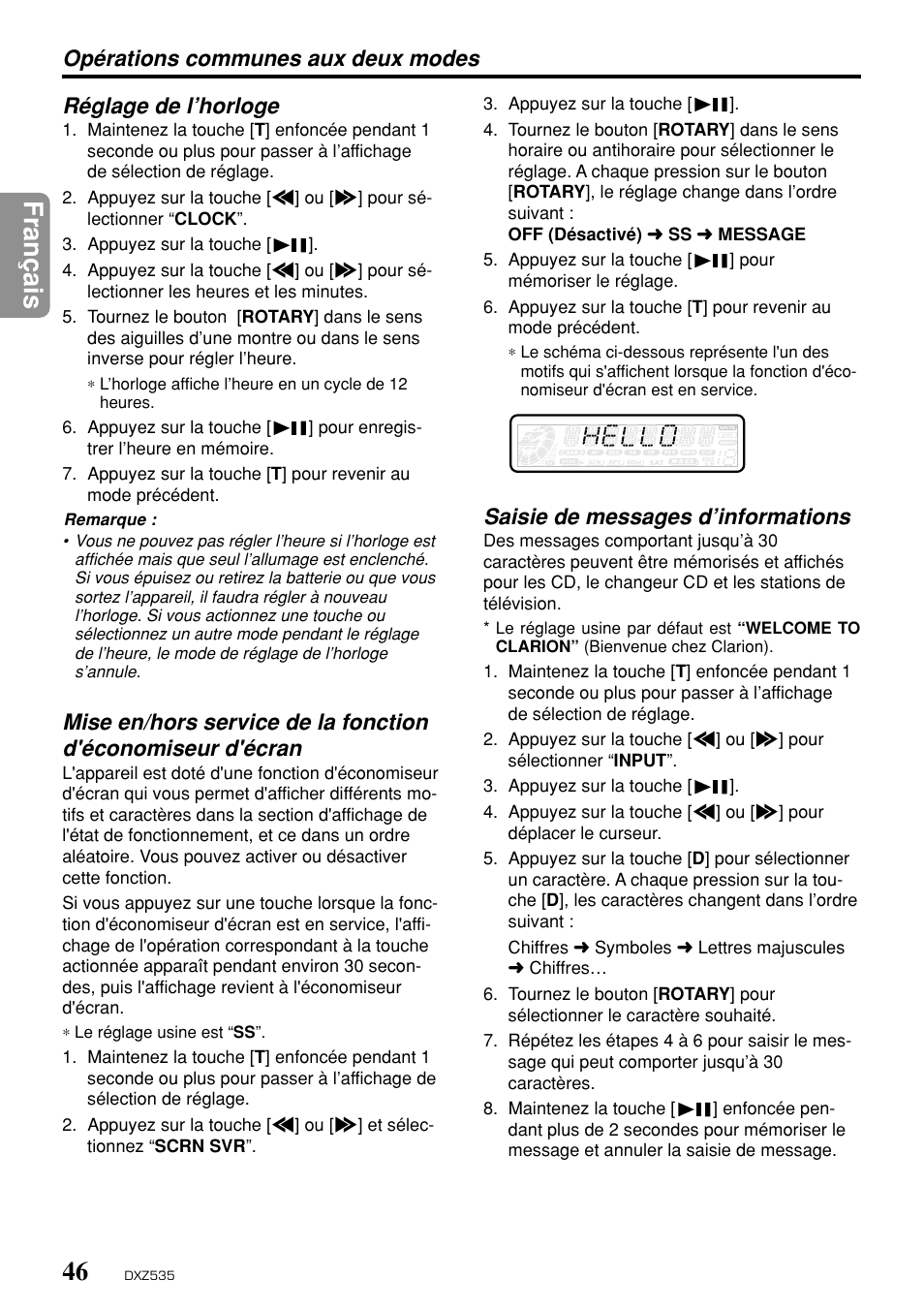 Fran ç ais, Saisie de messages d’informations | Clarion DXZ535 User Manual | Page 42 / 80