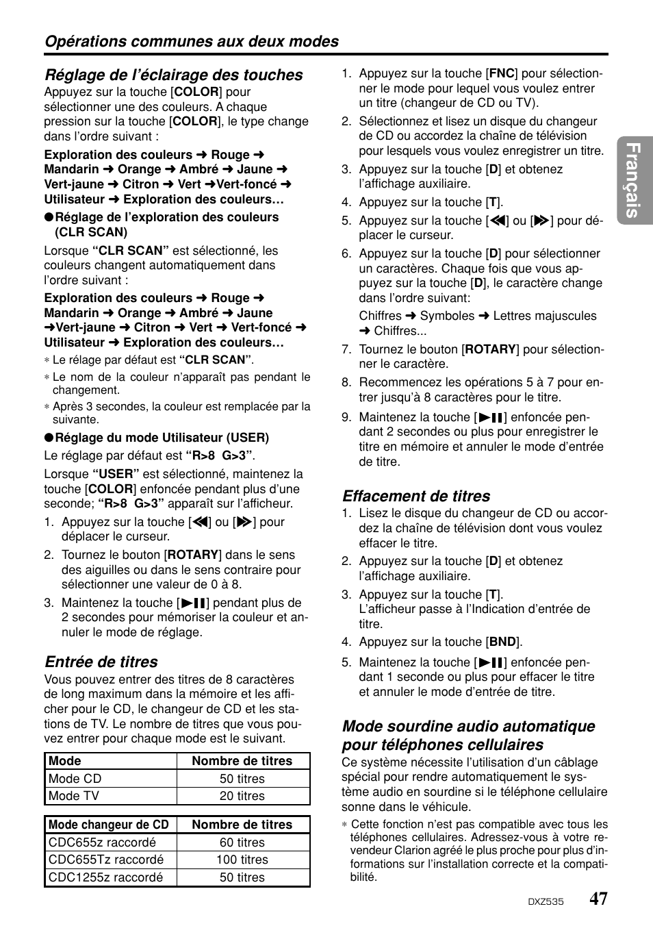 47 fran ç ais, Entrée de titres, Effacement de titres | Clarion DXZ535 User Manual | Page 43 / 80