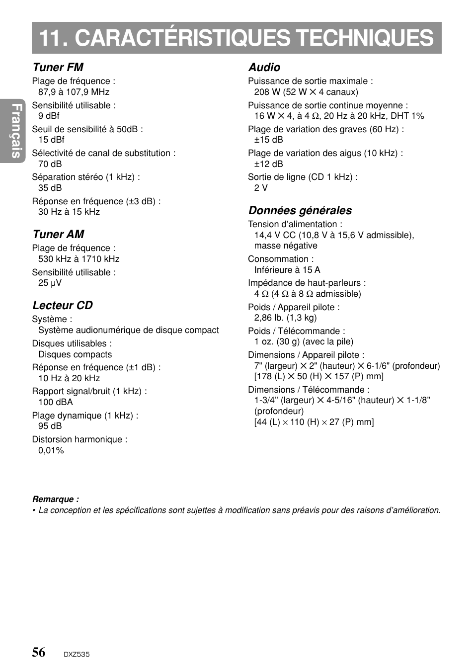 Caractéristiques techniques, Fran ç ais, Tuner fm | Tuner am, Lecteur cd, Audio, Données générales | Clarion DXZ535 User Manual | Page 52 / 80