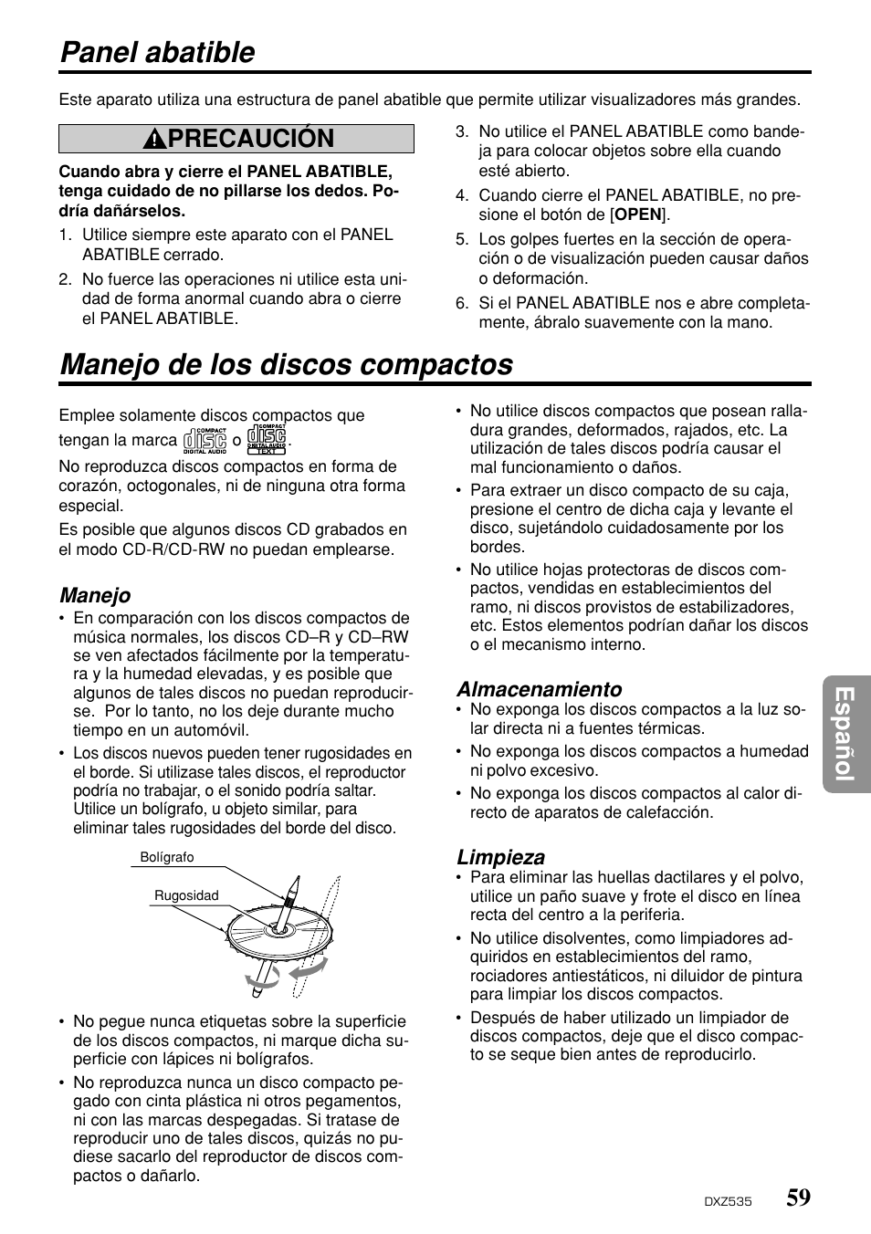 Manejo de los discos compactos, Panel abatible, 59 espa ñ ol | Precaución, Manejo, Almacenamiento, Limpieza | Clarion DXZ535 User Manual | Page 55 / 80