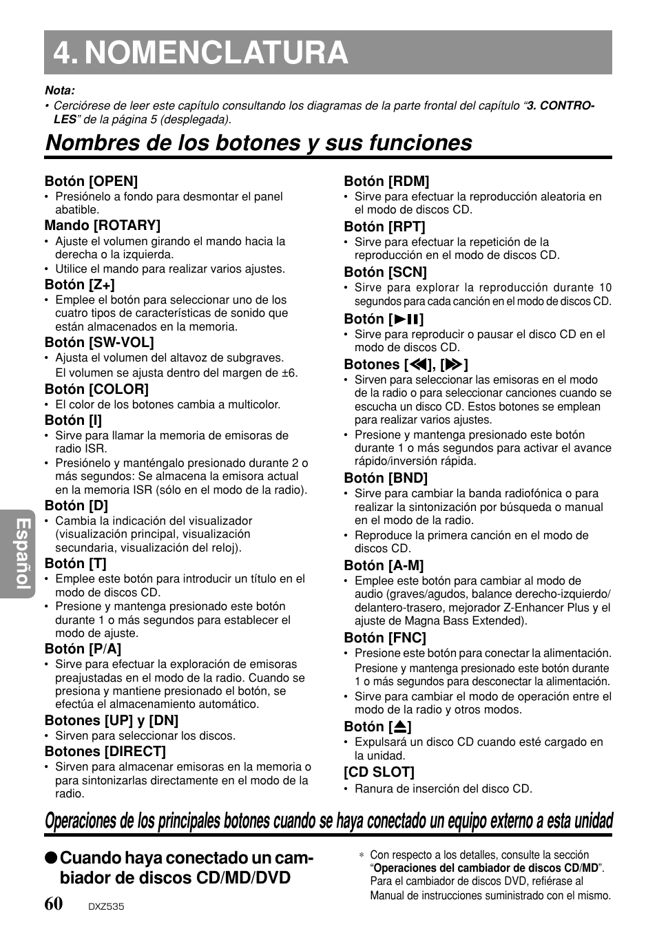 Nomenclatura, Nombres de los botones y sus funciones, Espa ñ ol | Clarion DXZ535 User Manual | Page 56 / 80