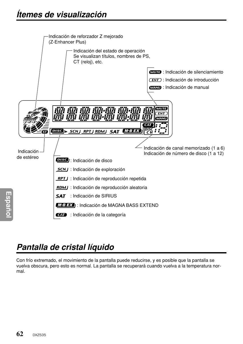 Pantalla de cristal líquido, Ítemes de visualización, Espa ñ ol | Clarion DXZ535 User Manual | Page 58 / 80