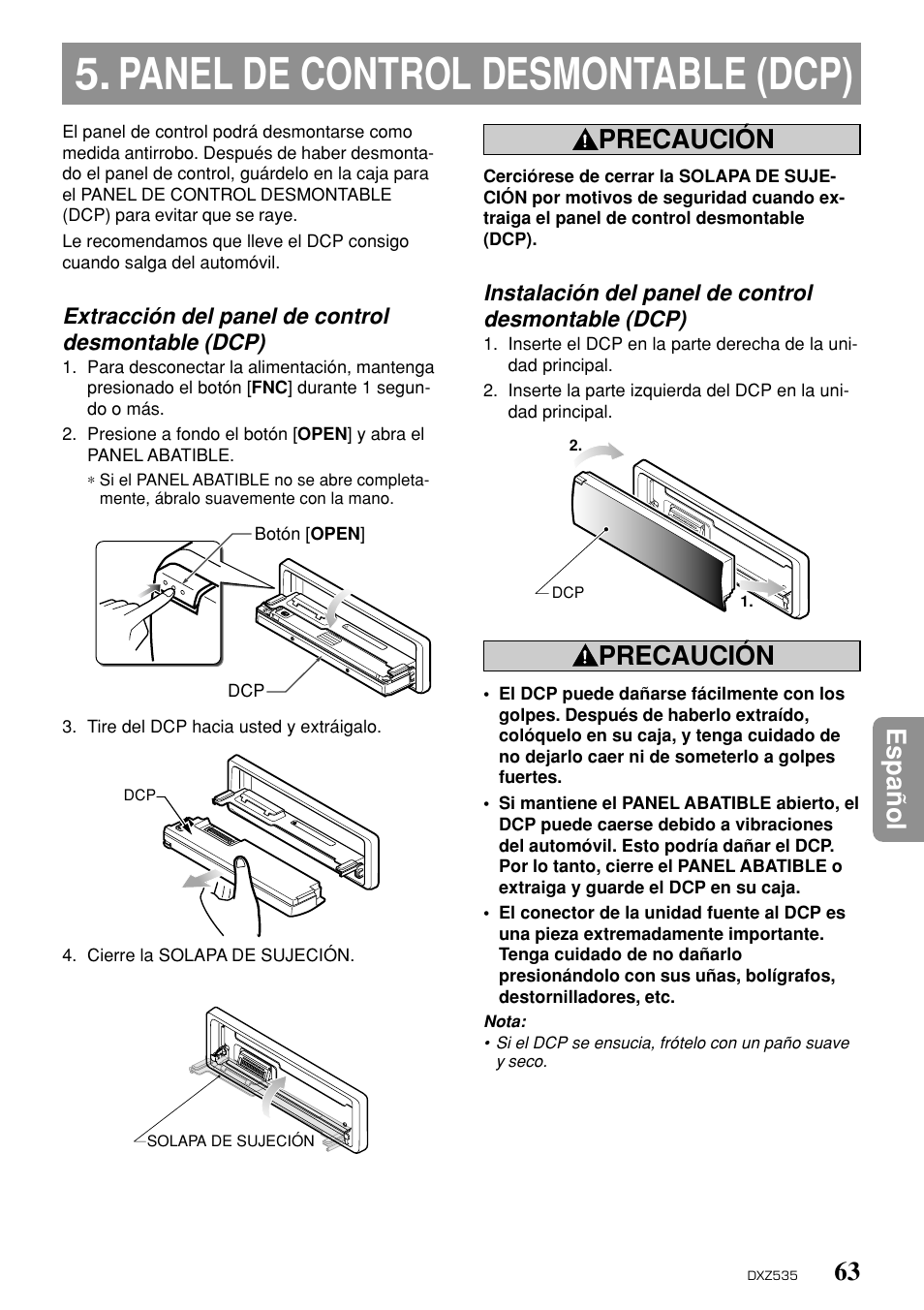 Panel de control desmontable (dcp), 63 espa ñ ol, Precaución | Clarion DXZ535 User Manual | Page 59 / 80