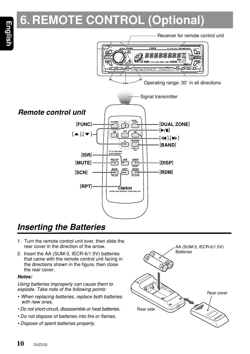 Remote control (optional), Inserting the batteries, English | Remote control unit | Clarion DXZ535 User Manual | Page 6 / 80