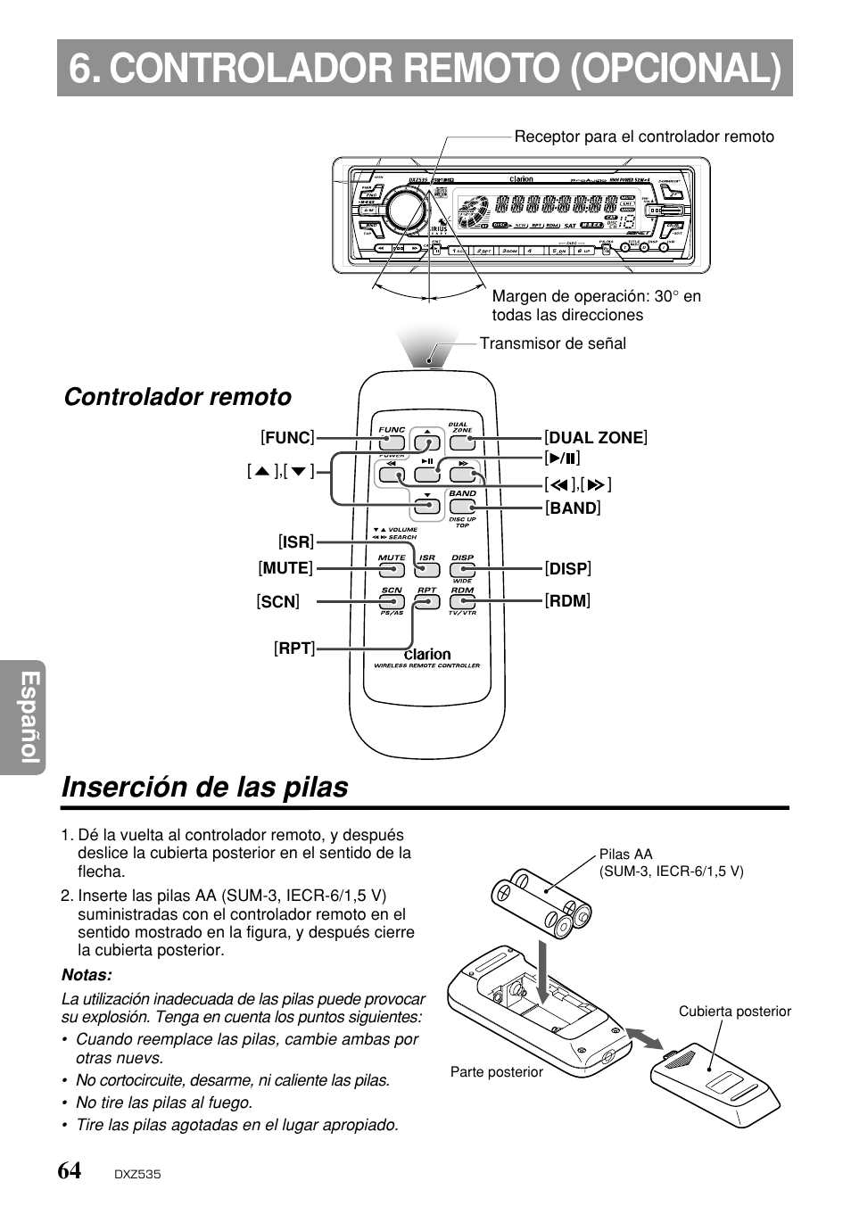 Controlador remoto (opcional), Inserción de las pilas, Espa ñ ol | Controlador remoto | Clarion DXZ535 User Manual | Page 60 / 80