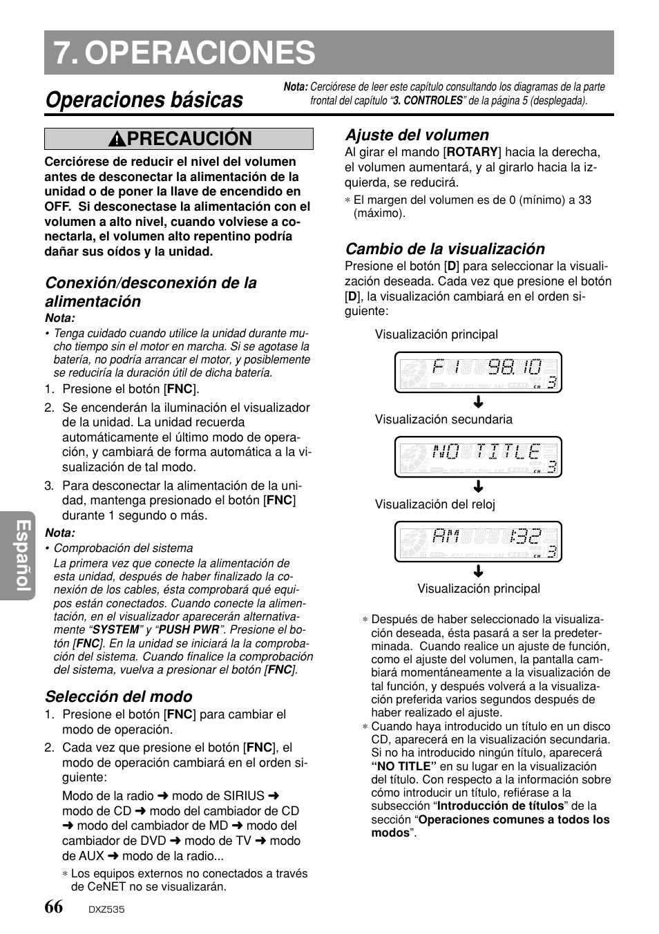 Operaciones, Operaciones básicas, Espa ñ ol | Precaución | Clarion DXZ535 User Manual | Page 62 / 80