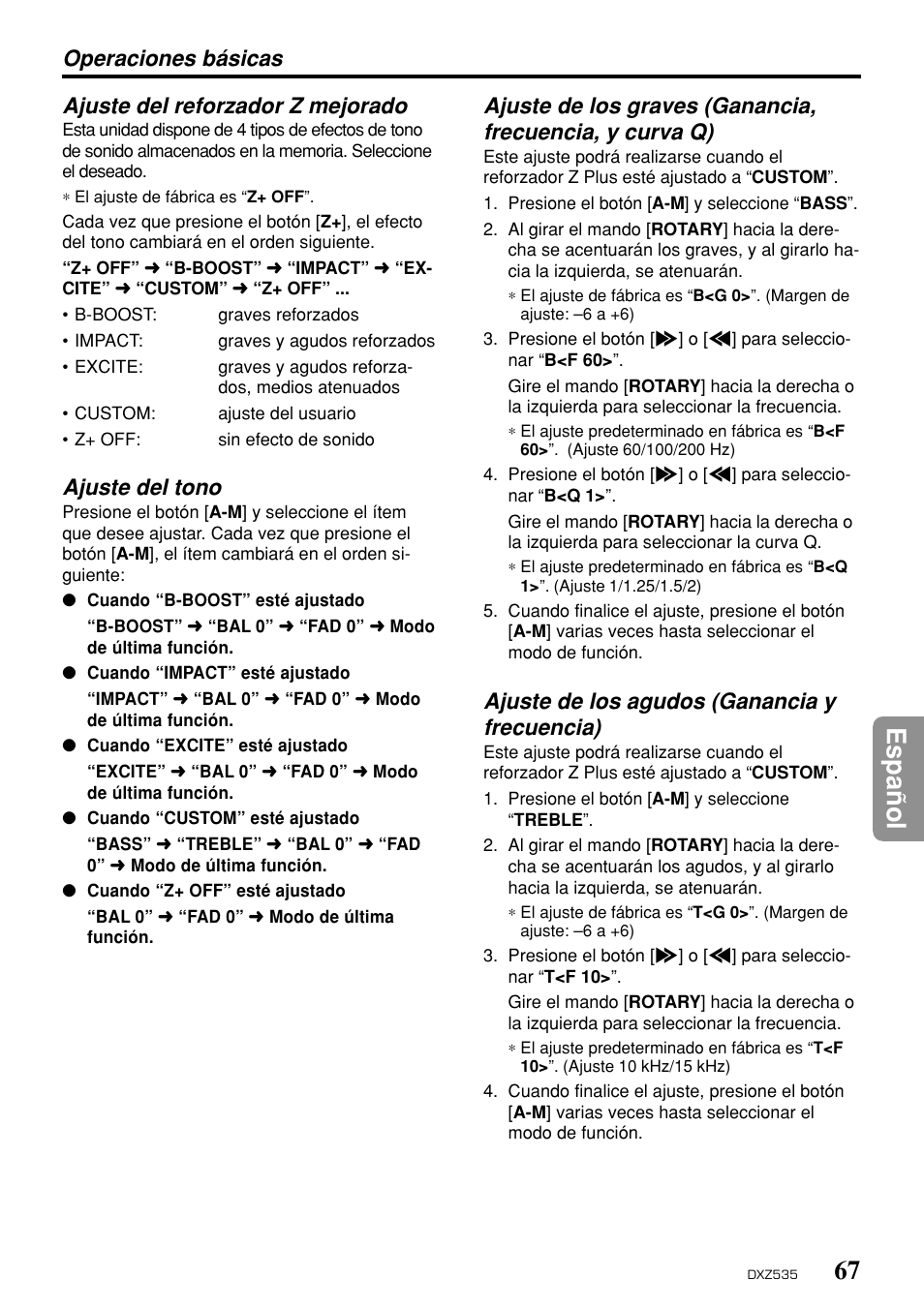 67 espa ñ ol, Ajuste del reforzador z mejorado, Ajuste del tono | Ajuste de los agudos (ganancia y frecuencia) | Clarion DXZ535 User Manual | Page 63 / 80