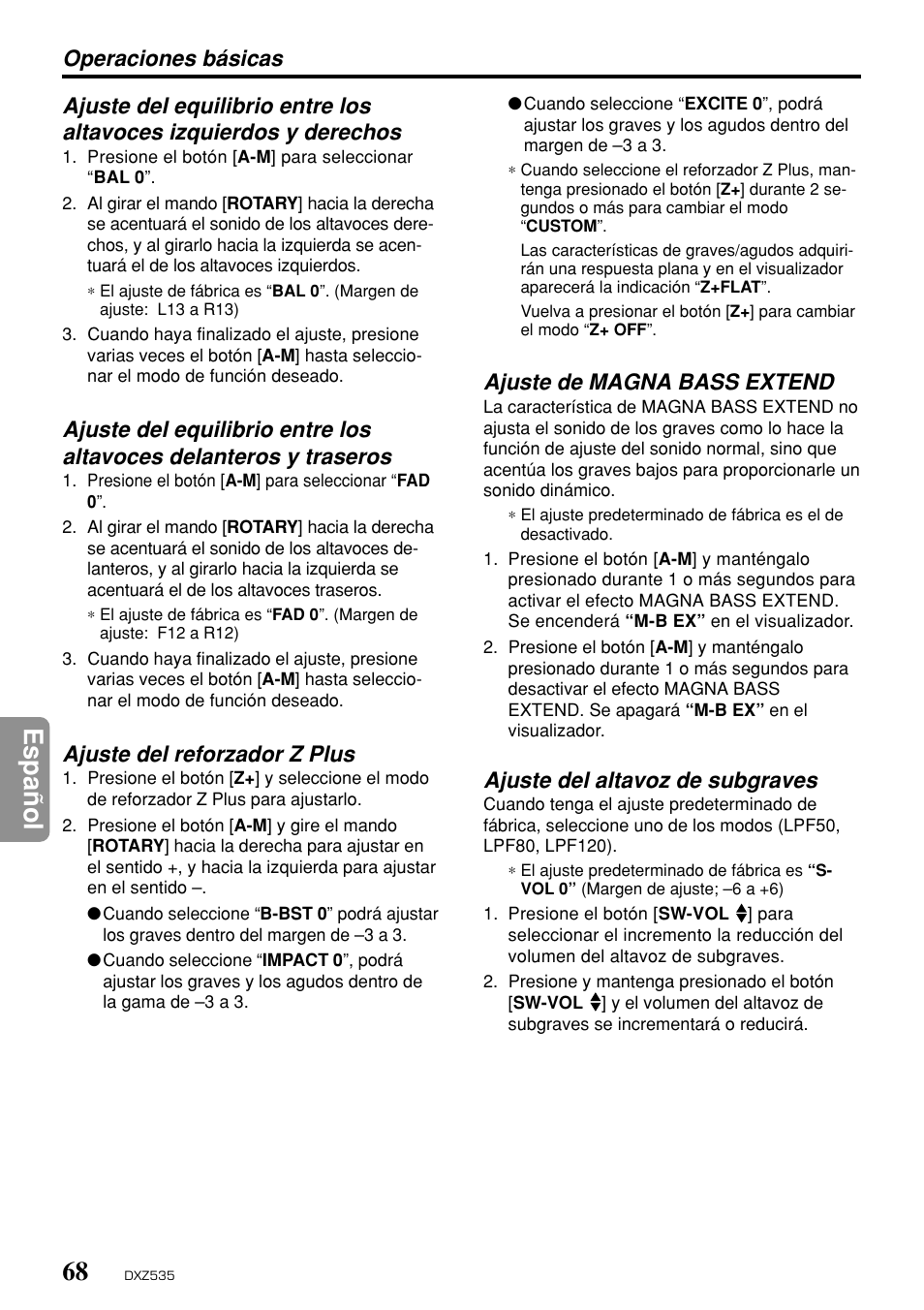 Espa ñ ol, Ajuste del reforzador z plus, Ajuste de magna bass extend | Ajuste del altavoz de subgraves | Clarion DXZ535 User Manual | Page 64 / 80