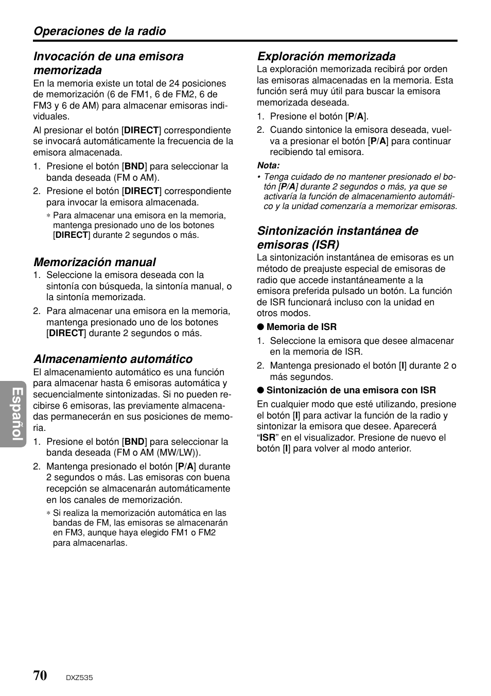 Espa ñ ol, Almacenamiento automático, Sintonización instantánea de emisoras (isr) | Clarion DXZ535 User Manual | Page 66 / 80