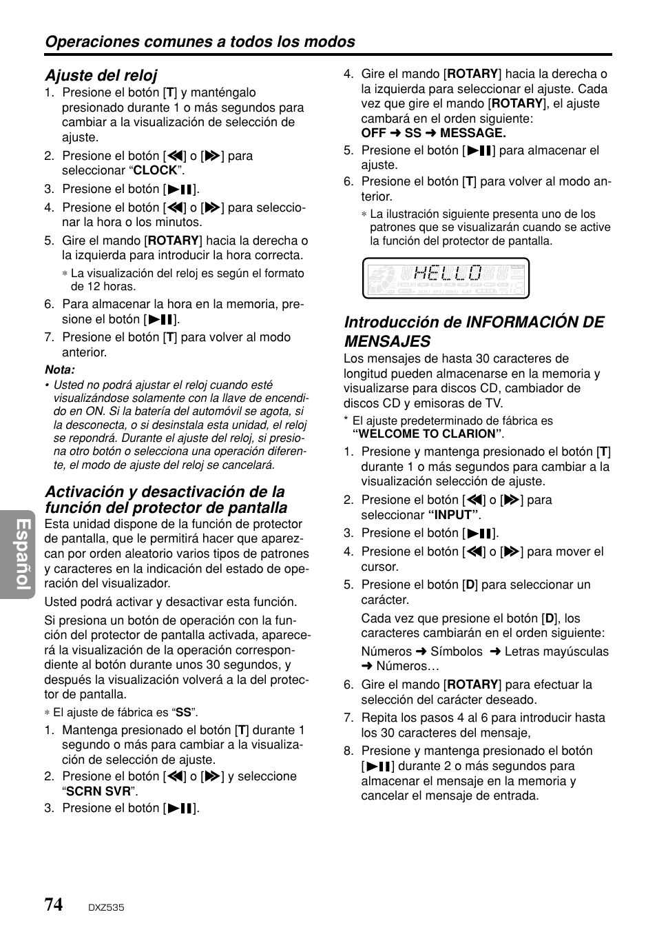 Espa ñ ol, Introducción de información de mensajes | Clarion DXZ535 User Manual | Page 70 / 80