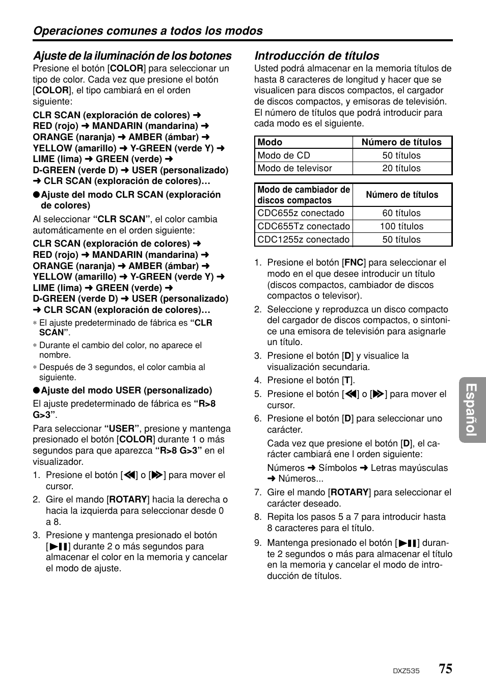 75 espa ñ ol, Ajuste de la iluminación de los botones | Clarion DXZ535 User Manual | Page 71 / 80