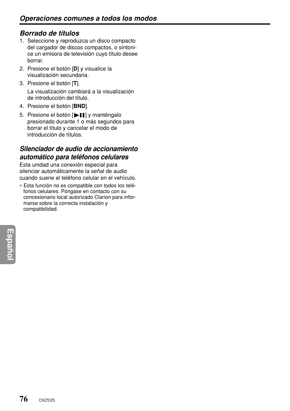 Espa ñ ol | Clarion DXZ535 User Manual | Page 72 / 80