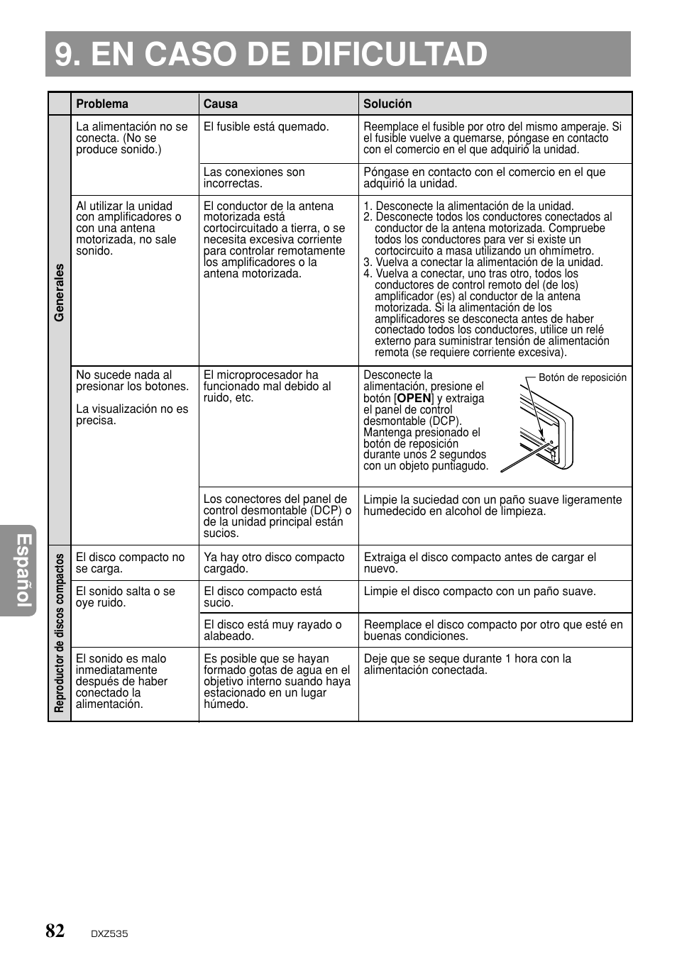 En caso de dificultad, Espa ñ ol | Clarion DXZ535 User Manual | Page 78 / 80