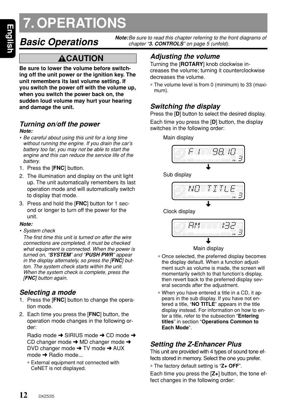 Operations, Basic operations, English | Caution, Turning on/off the power, Selecting a mode, Adjusting the volume, Switching the display, Setting the z-enhancer plus | Clarion DXZ535 User Manual | Page 8 / 80