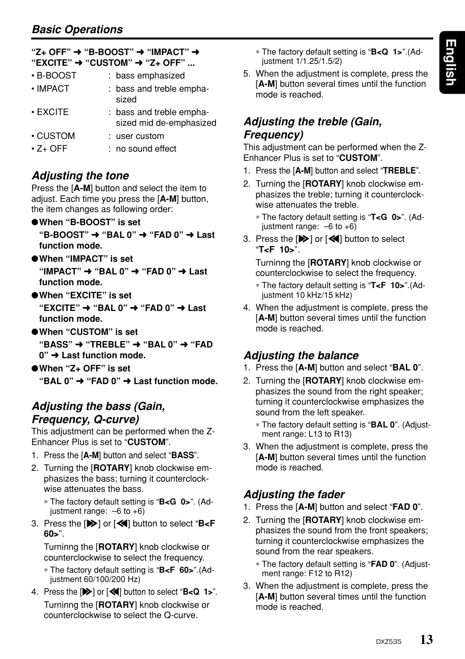 13 english, Adjusting the tone, Adjusting the bass (gain, frequency, q-curve) | Adjusting the treble (gain, frequency), Adjusting the balance, Adjusting the fader, Basic operations | Clarion DXZ535 User Manual | Page 9 / 80
