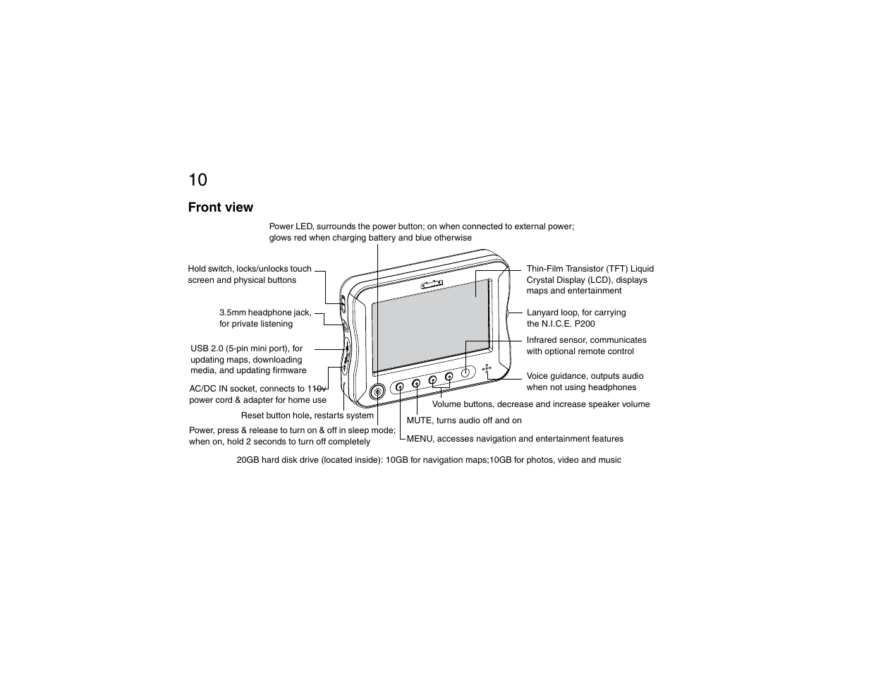 Front view, Chapter 1: quick start | Clarion P200 User Manual | Page 10 / 156