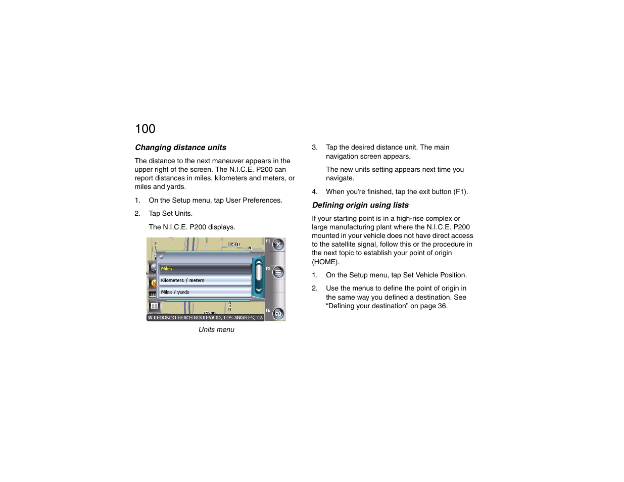 Changing distance units, Defining origin using lists | Clarion P200 User Manual | Page 100 / 156