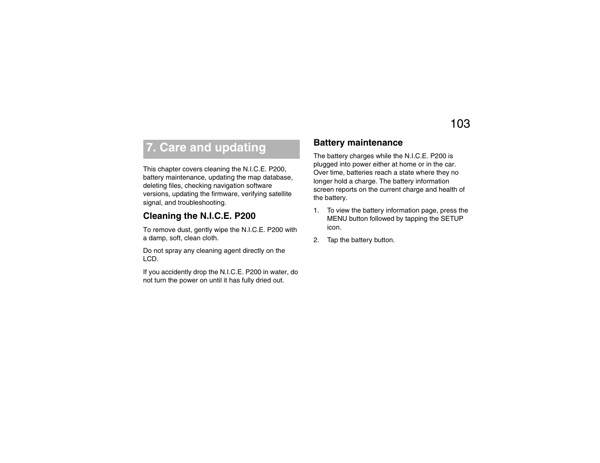 Care and updating, Cleaning the n.i.c.e. p200, Battery maintenance | Cleaning the n.i.c.e. p200 battery maintenance | Clarion P200 User Manual | Page 103 / 156