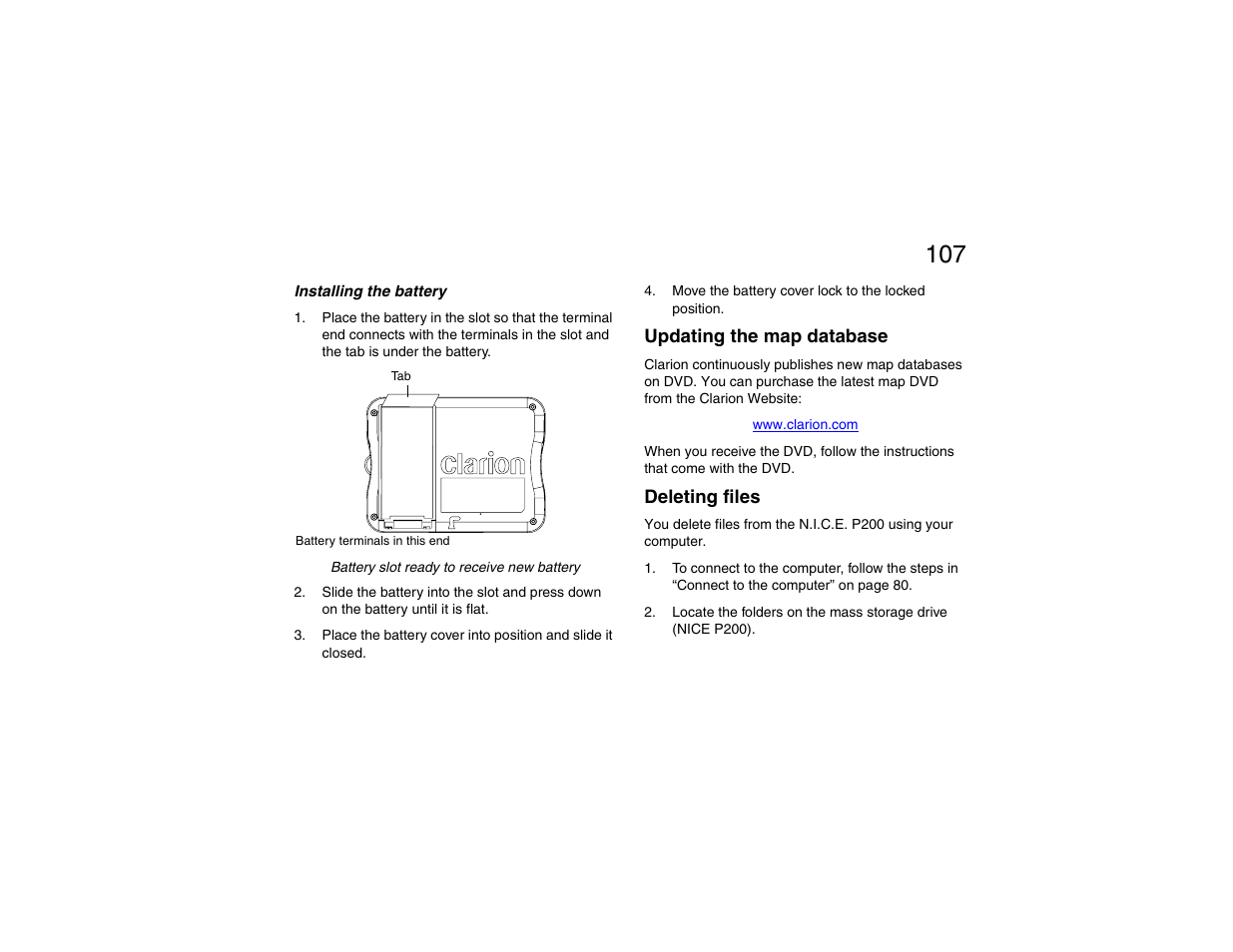 Installing the battery, Updating the map database, Deleting files | Updating the map database deleting files | Clarion P200 User Manual | Page 107 / 156