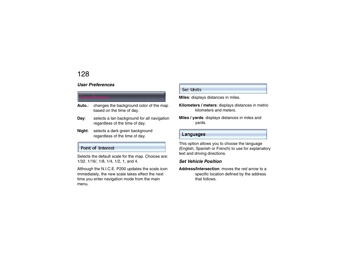 User preferences, Set vehicle position, User preferences set vehicle position | Clarion P200 User Manual | Page 128 / 156