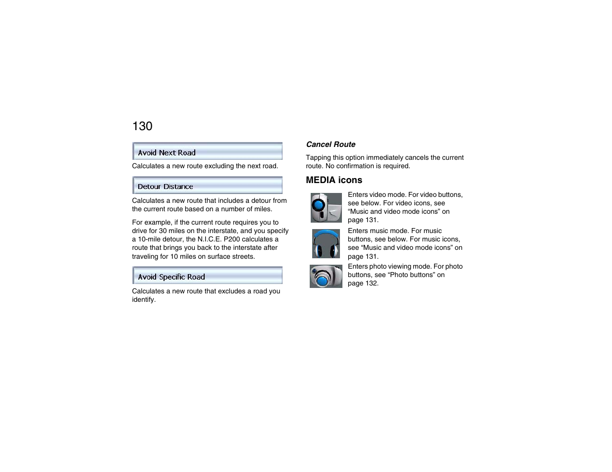 Cancel route, Media icons | Clarion P200 User Manual | Page 130 / 156