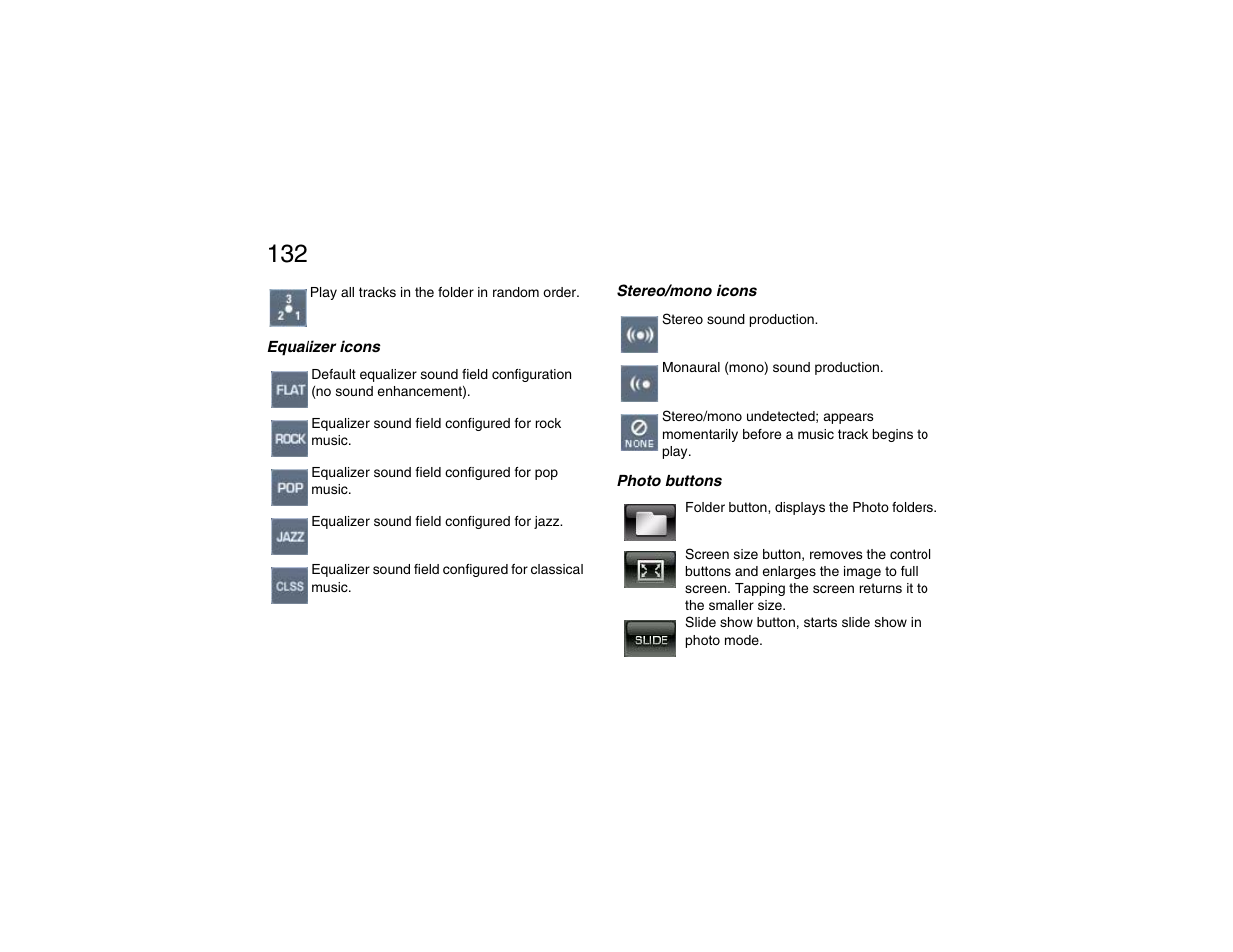 Equalizer icons, Stereo/mono icons, Photo buttons | Equalizer icons stereo/mono icons photo buttons | Clarion P200 User Manual | Page 132 / 156