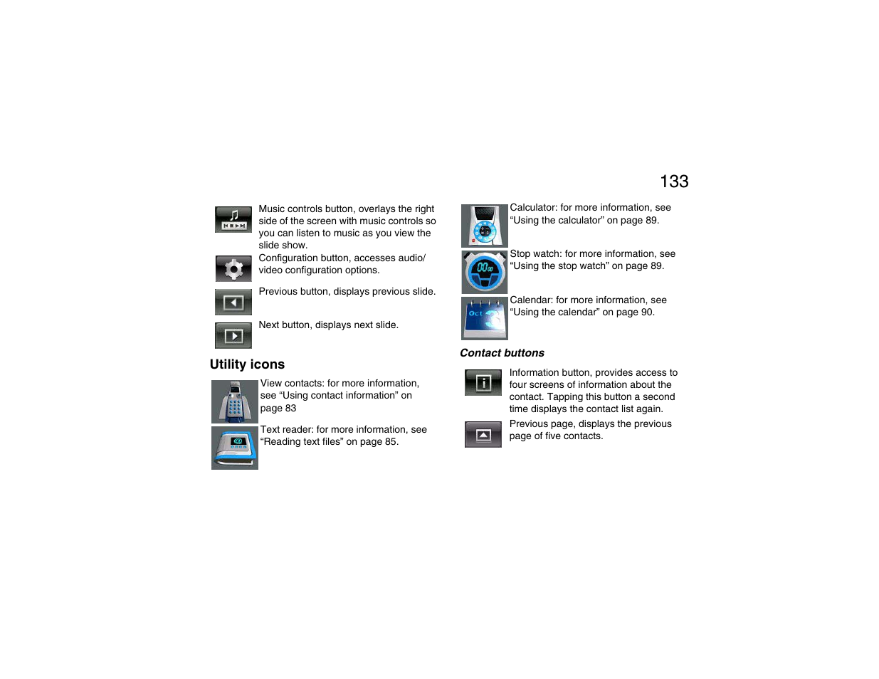 Utility icons, Contact buttons | Clarion P200 User Manual | Page 133 / 156