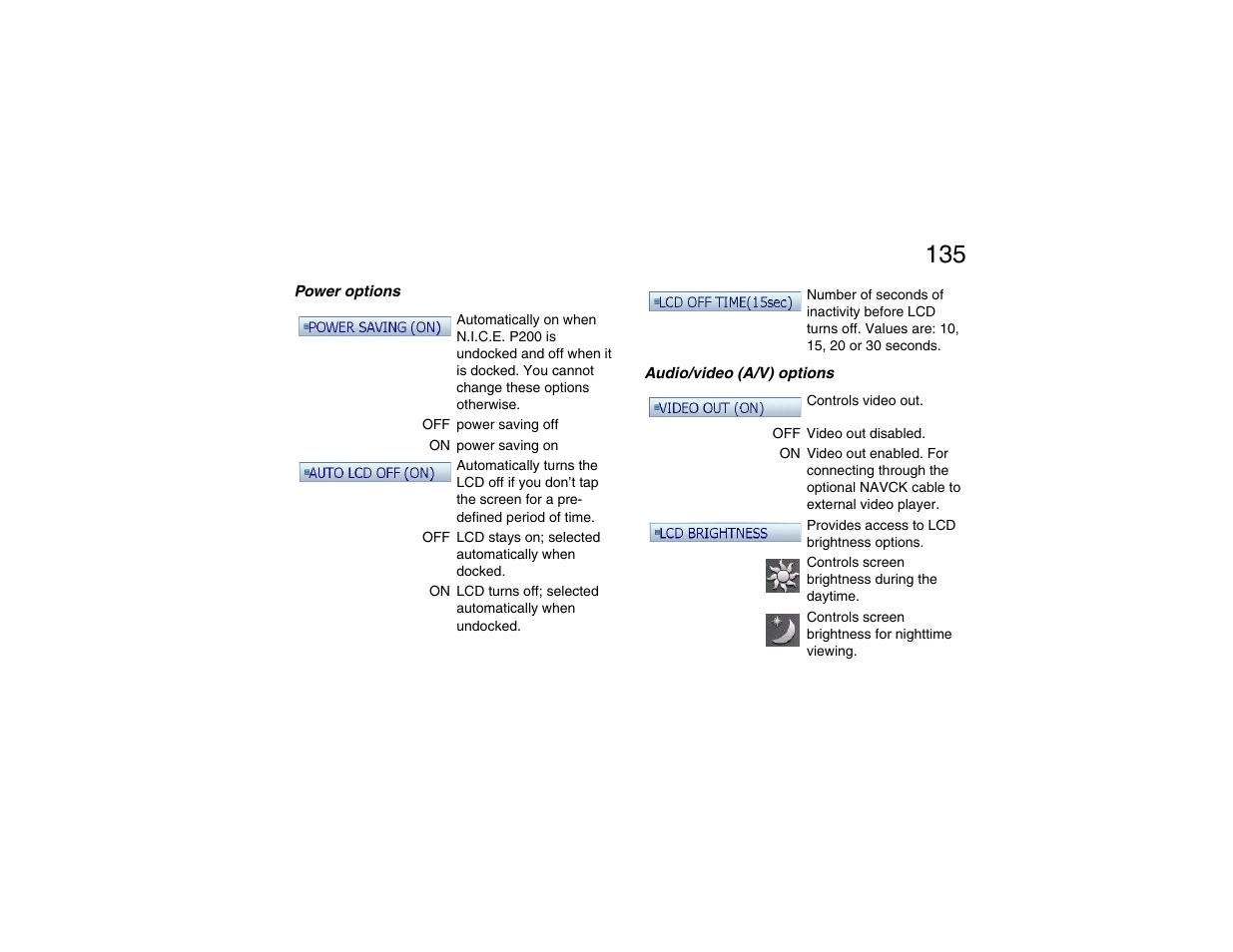 Power options, Audio/video (a/v) options, Power options audio/video (a/v) options | Clarion P200 User Manual | Page 135 / 156