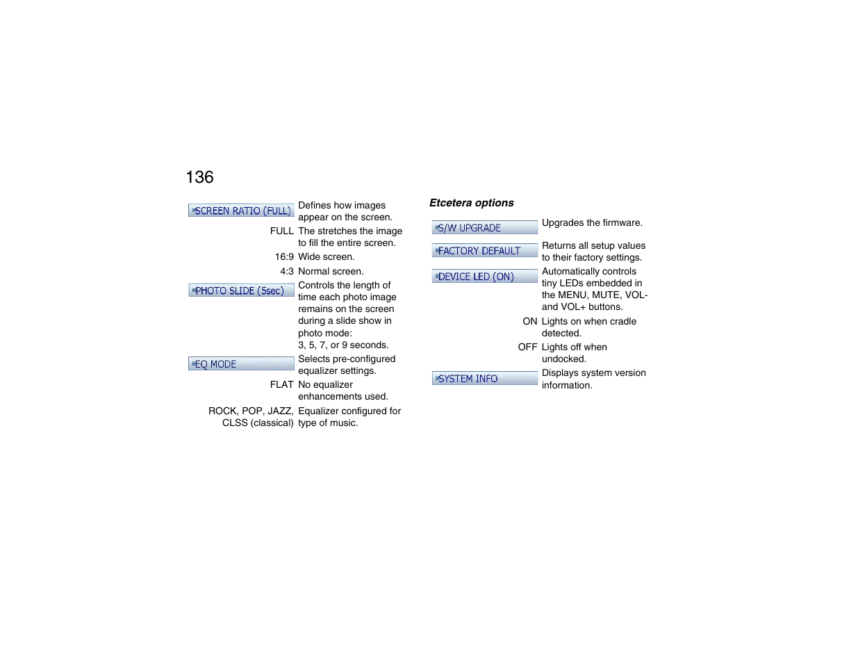 Etcetera options | Clarion P200 User Manual | Page 136 / 156