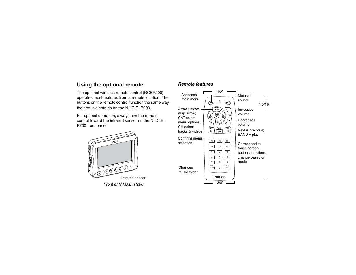 Using the optional remote, Remote features, Chapter 1: quick start | Clarion P200 User Manual | Page 24 / 156